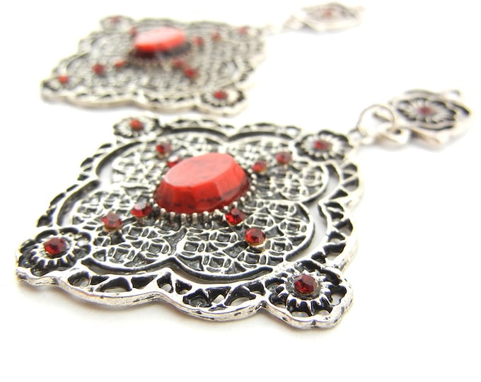 Pair of Antique Silver-tone Drop Charms Red Accents