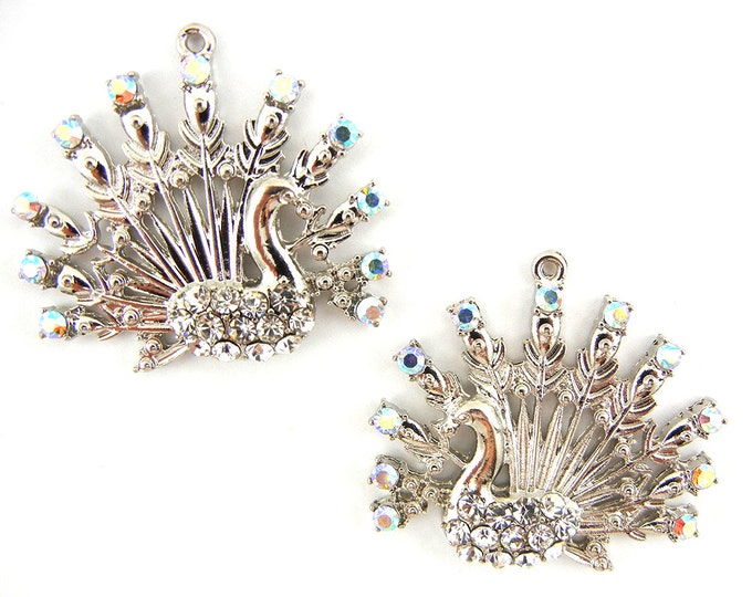 Peacock Charms with Rhinestone Accents Pair of Silver-tone BIRD