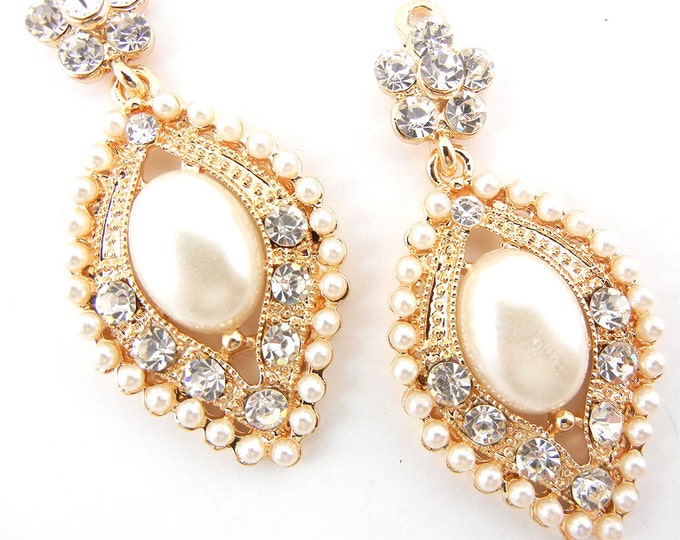 Pair of Gold-tone Marquis Faux Pearl and Rhinestone Drop Charms