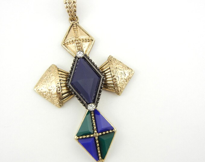 Gold-tone Blue and Green Acrylic Accented Cross Pendant