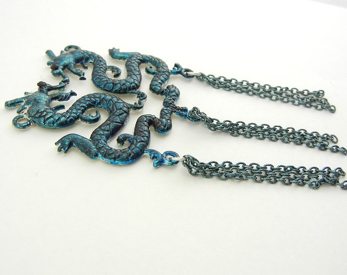 Double Link Turquoise Blue Washed Silver-tone Chinese Dragons Pendant with Tassels