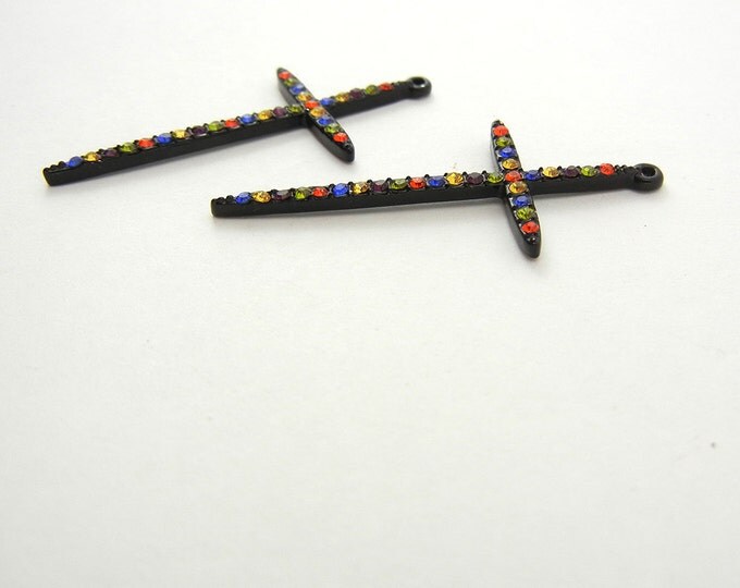 Pair of Black Painted Contemporary Cross Multi Colored Rhinestones Charms