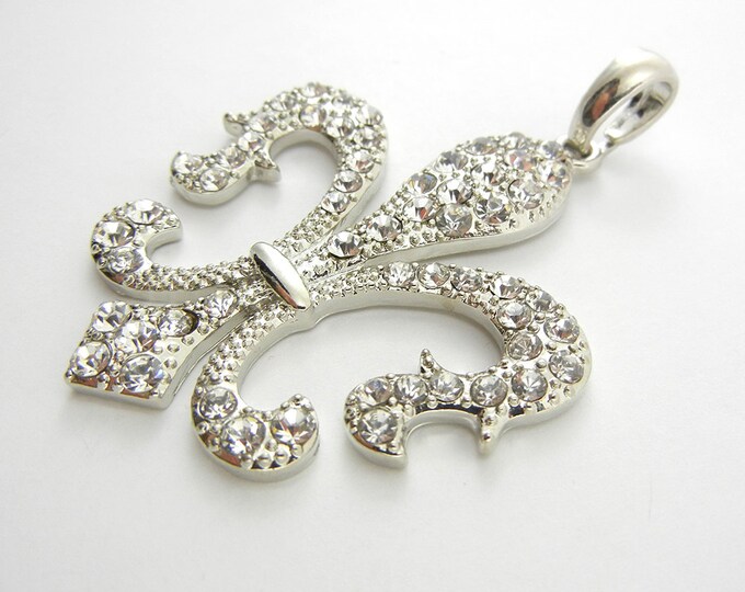 Silver-tone Rhinestone Accented Fleur de Lis Pendant