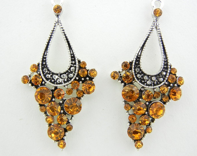 Pair of Antique silver-tone Drop Charms with Topaz Rhinestones