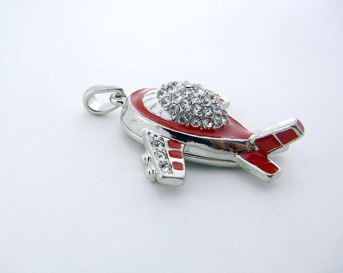 Silver-tone Airplane Rhinestones and Red Epoxy Pendant