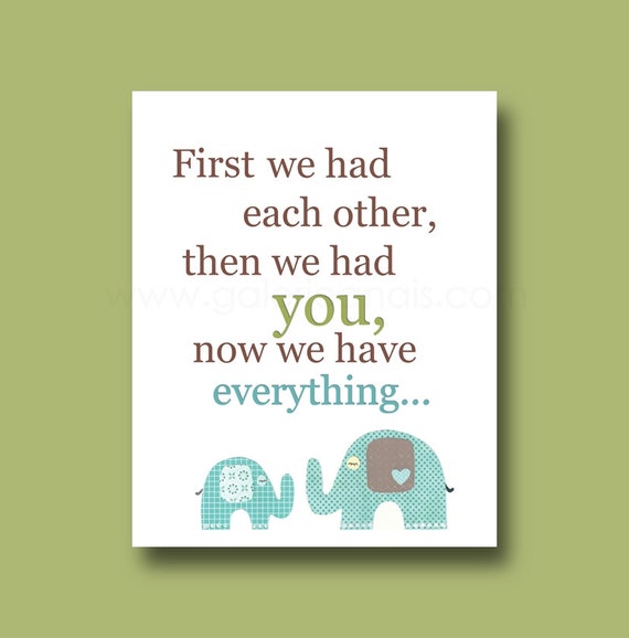 Green blue and brown Nursery art print - baby nursery decor - Kids art - nursery boy - elephant - playroom - First we had each other prints by GalerieAnais