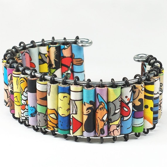 Paper Bead Jewelry- Upcycled Comic Book Paper Bead Cuff Bracelet