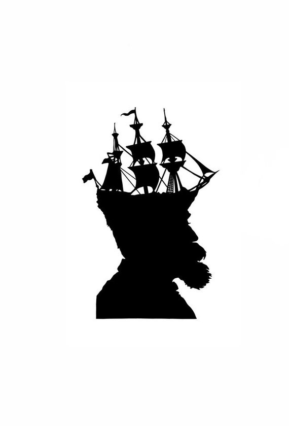 The Captain Nautical Silhouette Print Pirate Ship Black and