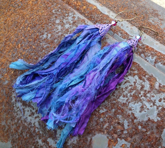 Midnight Silk Sari Ribbon Tassel Boho Dangles Hand Patinaed