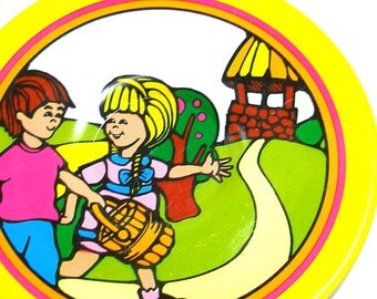 60's Tin Toy Tea plate, Jack & Jill storybook graphics. Nursery rhyme.
