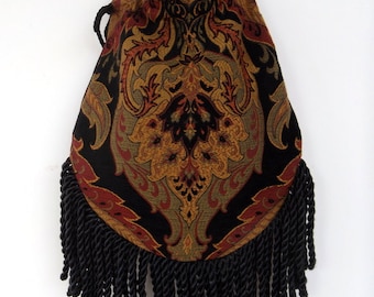 Fringe Tapestry Gypsy Bag Black Cross Body Bag Bohemian Hippie Bag Festival Bag Renaissance bag Shoulder Bag Hand Bag