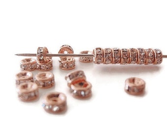 12 (4mm) Crystal Rhinestone Rondelle Spacer Beads, Rose Gold Metal Color , Jewelry making Bead Supply, Brass, Grade AAA, Lead & Nickel Free