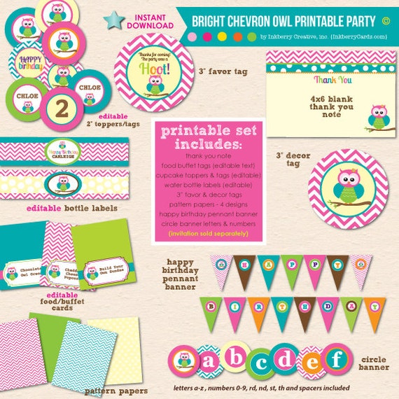 INSTANT DOWNLOAD! Bright Chevron Owl Birthday Party - DIY/Printable Complete Party Pack Il_570xn