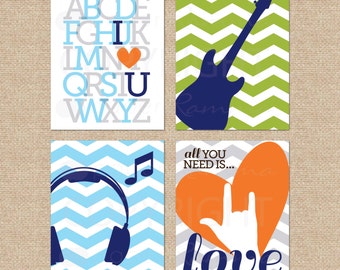 All you Need is Love sign, Rock and Roll Nursery Art prints, Beatles Art // Modern Musical Nursery/Kids Giclée Art Prints // N-G06-4PS AA1
