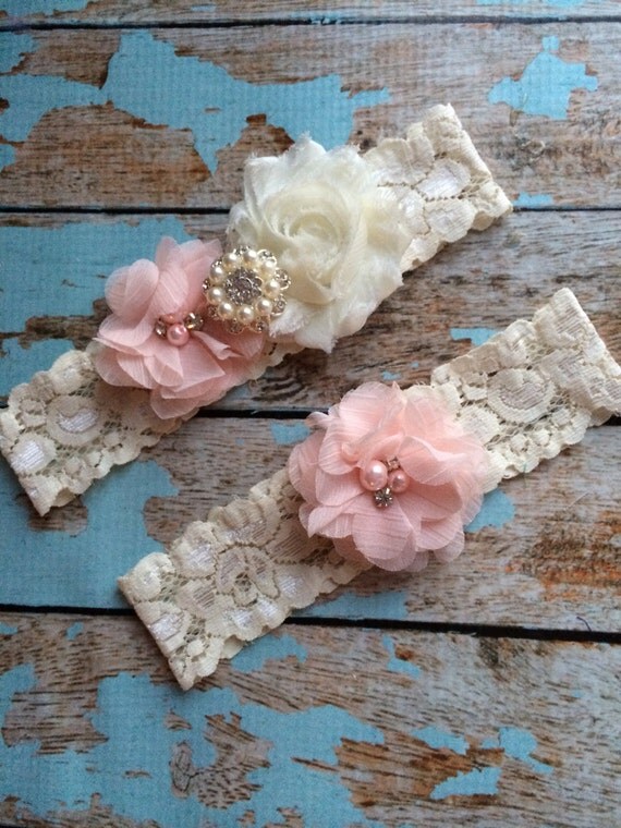 PINK BLUSH flower / IVORY chiffon / wedding garter set