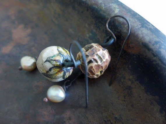 The Lost Self. Rustic assemblage asymmetrical earrings with polymer clay art beads and cultured pearls.