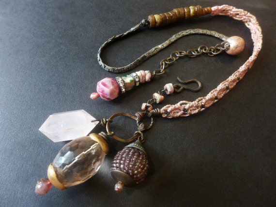 Soft and Slow. Grungy Pink Victorian Tribal Assemblage art statement necklace.