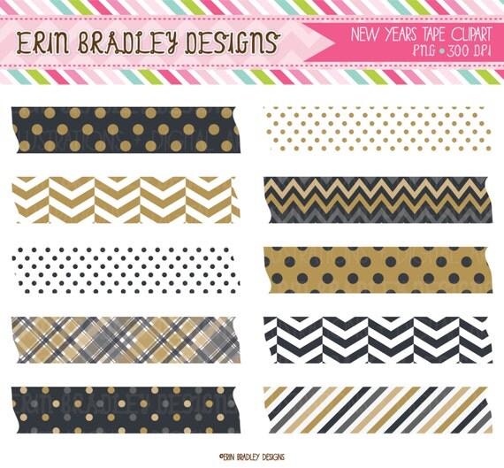 New Years Black & Gold Washi Tape Clipart Commercial Use Digital Clip Art Graphics INSTANT Download Il_570xn