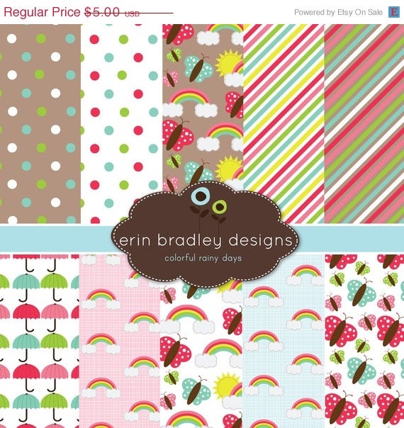50% OFF SALE Digital Scrapbook Paper Rainbows and Butterflies Personal & Commercial Use Instant Download Il_570xn