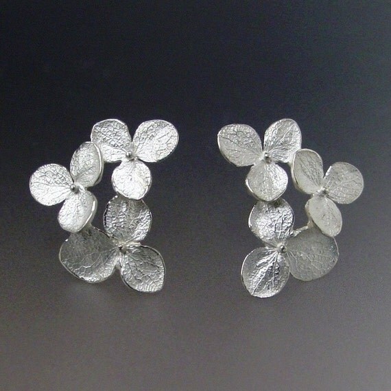 Flower Stud Earrings, Hydrangea Flower, Cluster Earrings, Silver Studs 