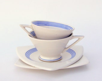 Pair of Atomic Art Deco Cups & Saucers: Vintage Salem Streamline Cups, Tricorne Saucers, Thin Blue Line Pattern - Extremely Rare!