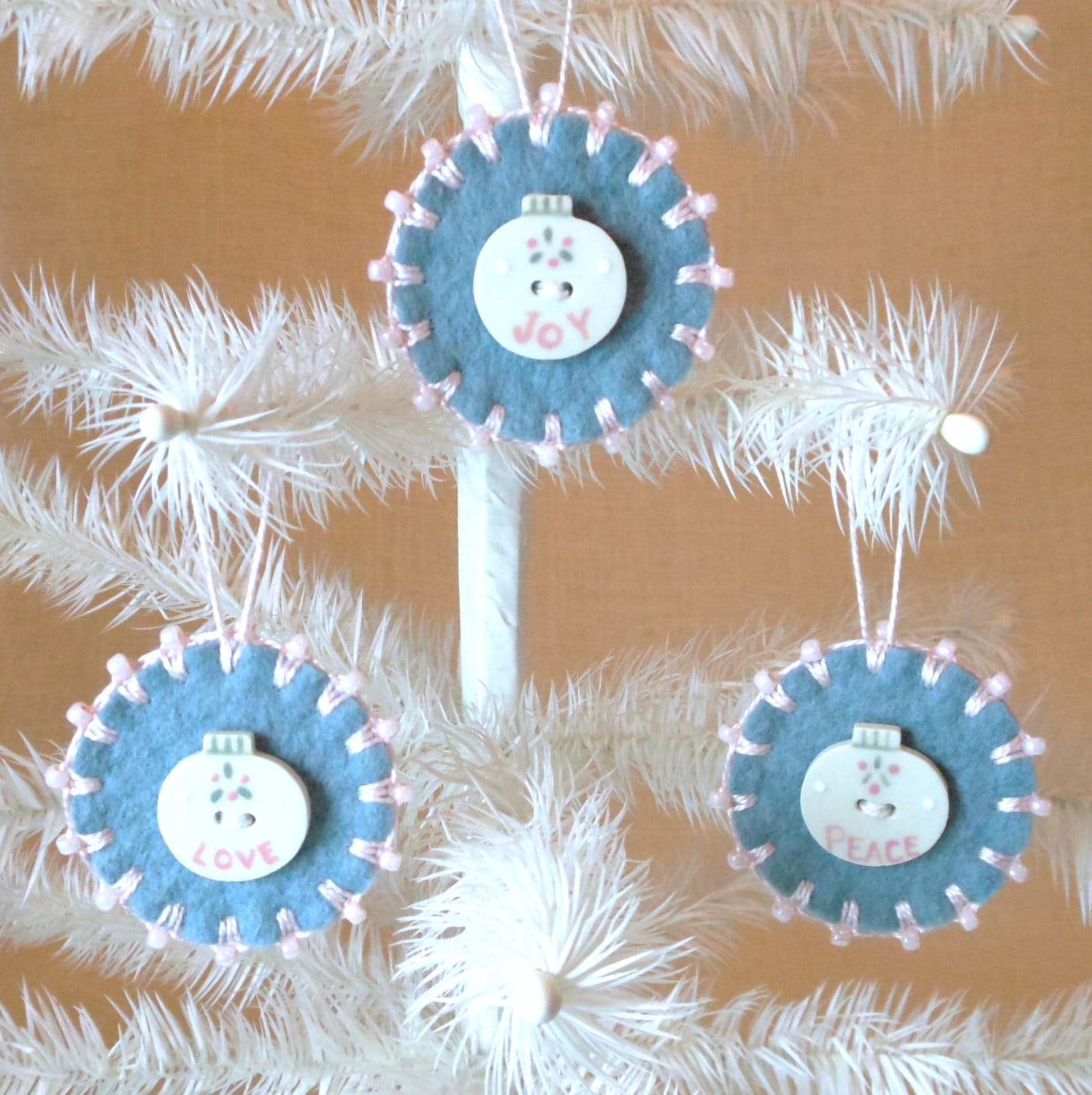 Hand Sewn Wool Felt Christmas Ornaments with Porcelain Buttons