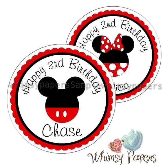 mickey mouse or minnie mouse personalized stickers by whimsypapers