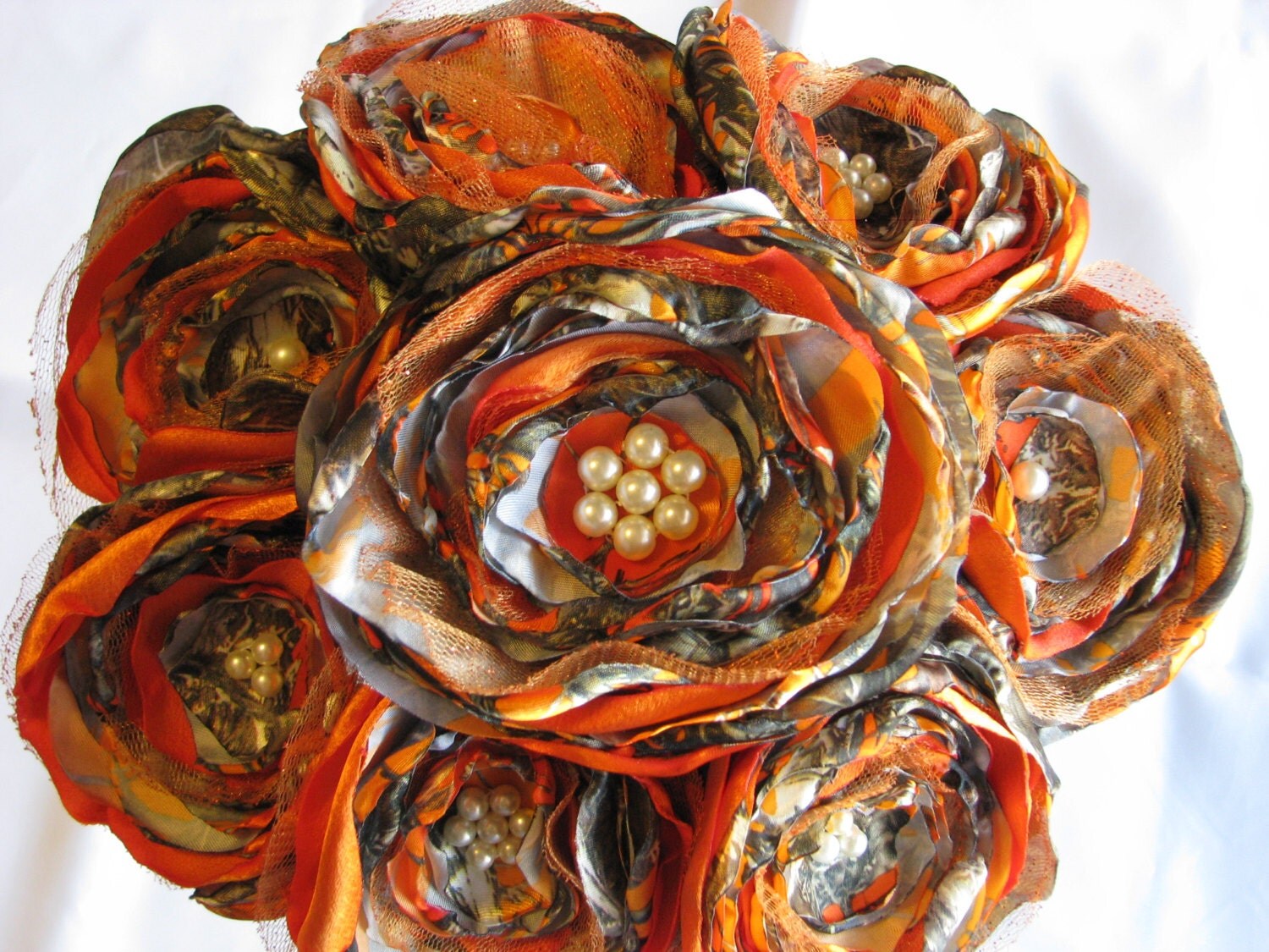 Jillianns BLAZE ORANGE and CAMOUFLAGE Bouquet with a touch of tulle and pearls