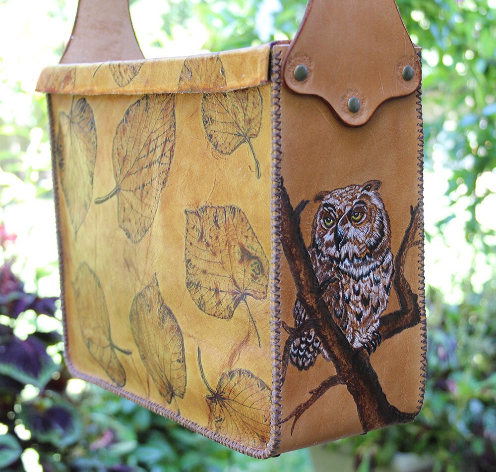 Genuine leather messenger bag with burned tree and owl images