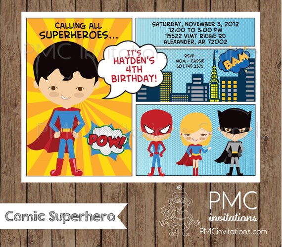 Comic Superhero Birthday Invitations - 1.00 each with envelope Il_570xn