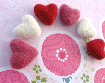 Felt Pink, Red and Ivory Heart - 6 Pure Wool Beads 30mm