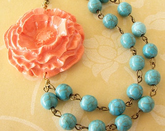 Flower Necklace Turquoise Jewelry Coral Necklace Statement Necklace Beaded Necklace Bridesmaid Jewelry Poppy Necklace Gift For Her