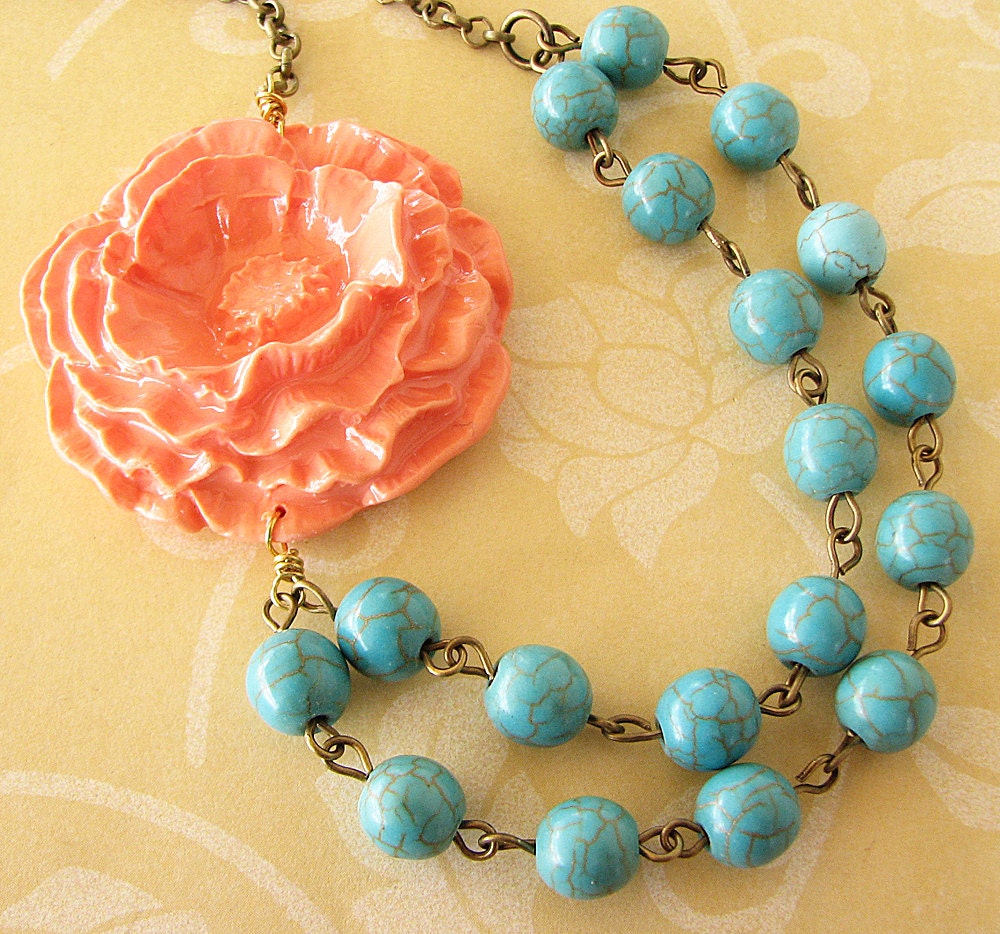 Flower Necklace Turquoise Jewelry Coral Necklace Statement
