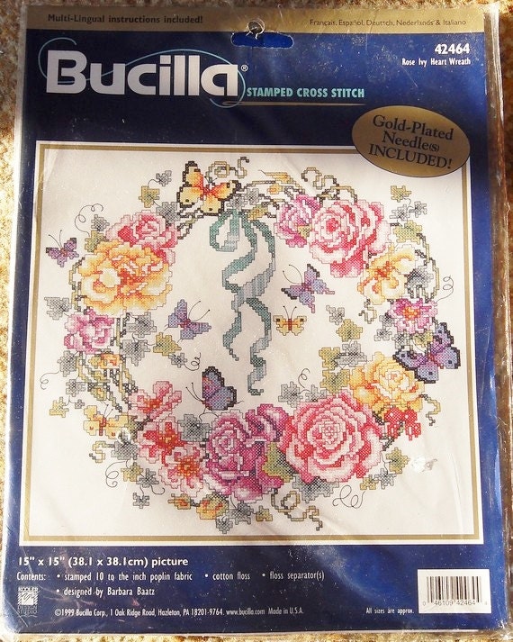Bucilla Stamped Cross Stitch kit Rose Ivy Heart Wreath