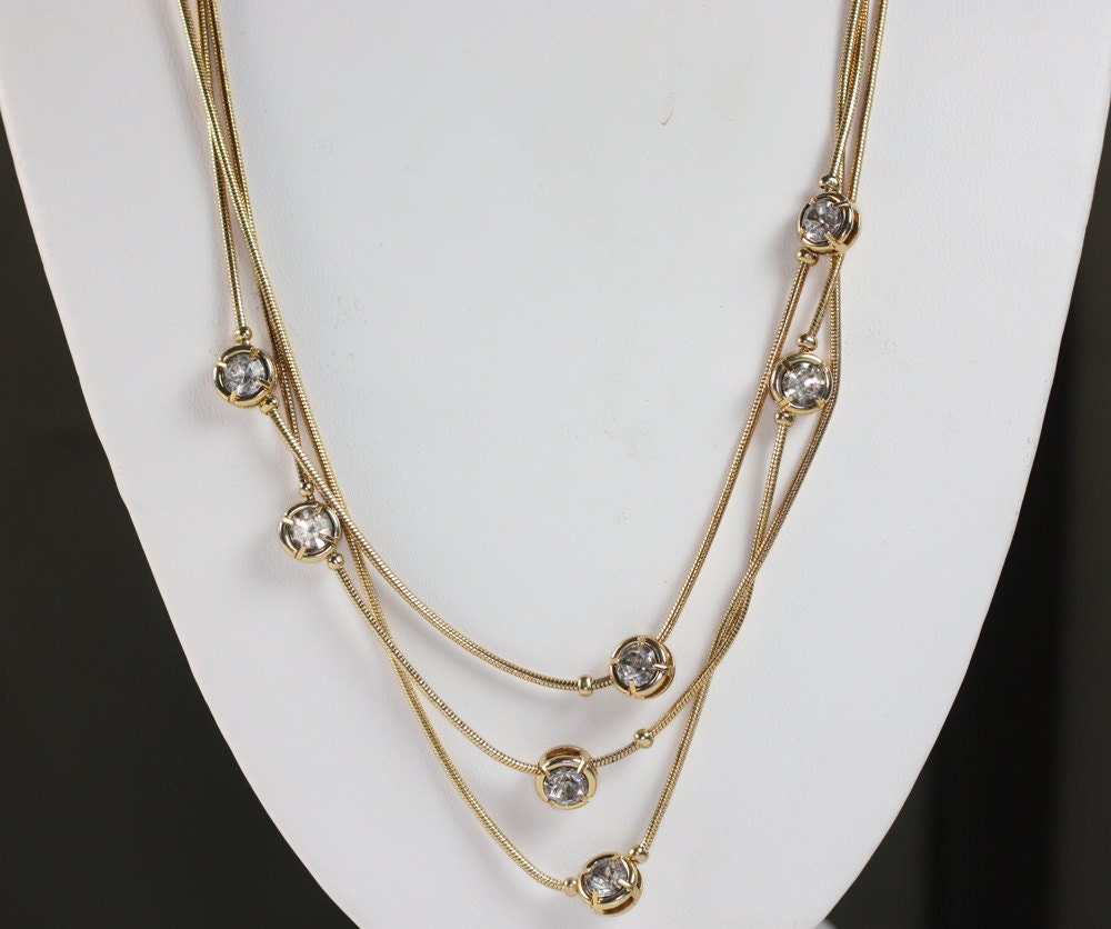 Serpentine Chain Necklace Triple Chain Crystal by PastSplendors