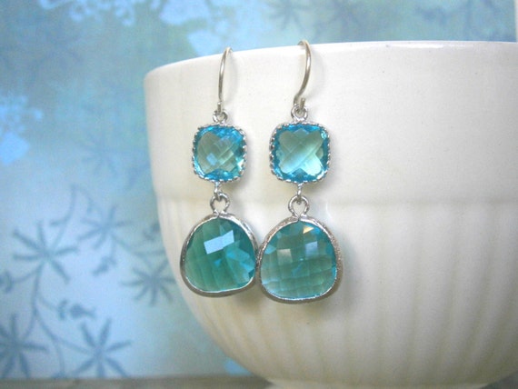 Items similar to Teal Earrings, Silver Earrings, Silver Framed Glass ...