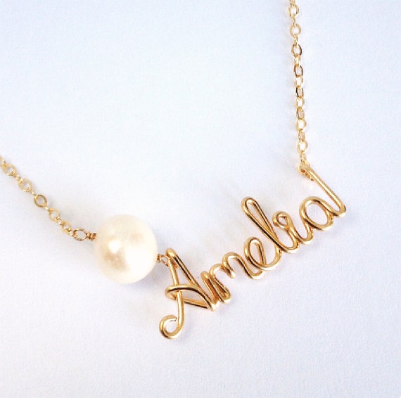 Personalized Gold Name Necklace with White Freshwater Pearl. 14k Gold ...