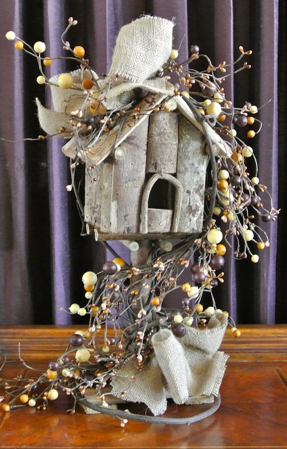 Rustic Country Chic 18 Inch Standing Birdhouse with Berry Garland and Burlap Bows