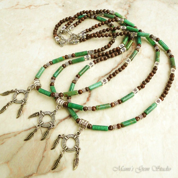 Men's Necklace Green African Jade & Brown Jasper Mens