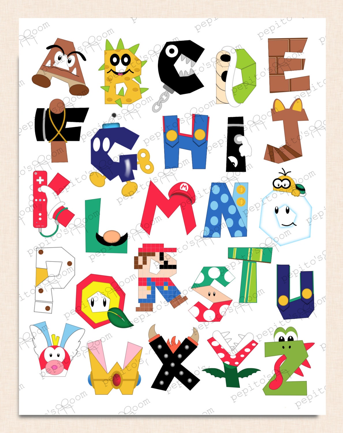 PrintINK Super Mario Bros. Alphabet Poster Wall Art 16x20