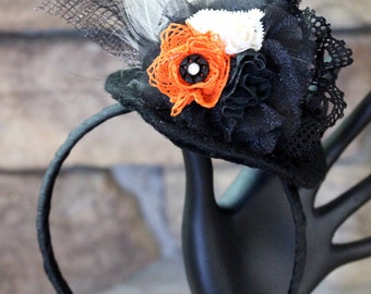 Mini Witch Hat Headband with white feathers and black, orange, vanilla ...