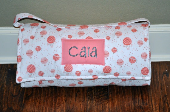 Nap Mat - Monogrammed Coral Hot Air Balloons Nap Mat with Coral Minky Dot Blanket