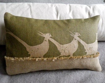 hand printed muted olive green triple pheasant cushion cover