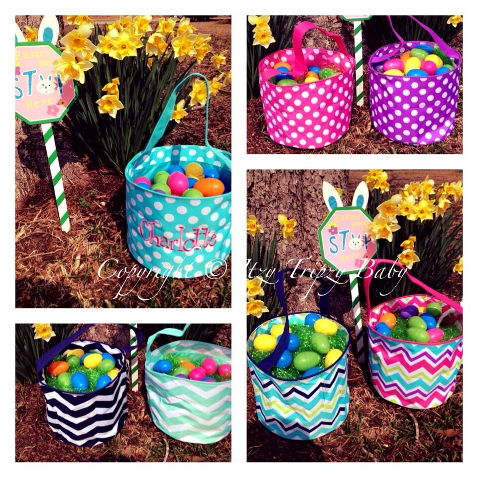 Kids Monogrammed Easter Basket. Personalized. Chevron. Polka