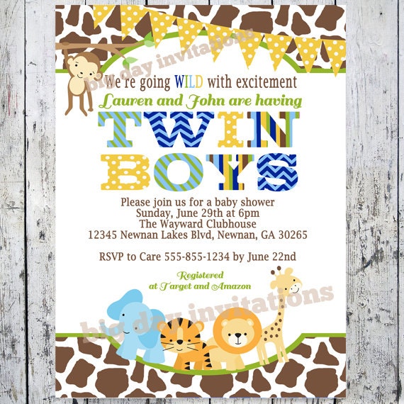 Twin Boys Safari Baby Shower Invitations Jungle Animal Theme