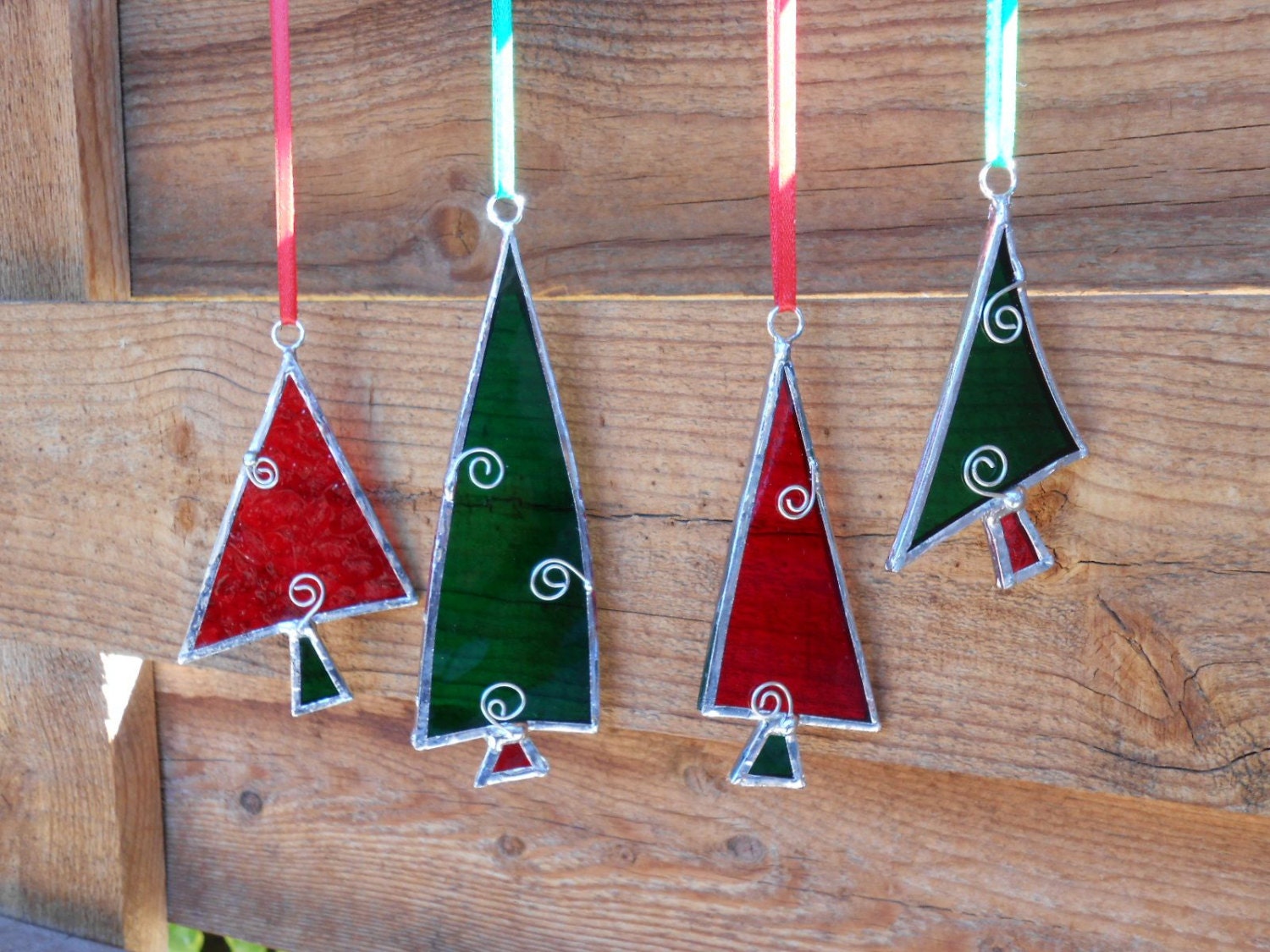 4 Stained Glass Christmas Tree Ornaments Red Green