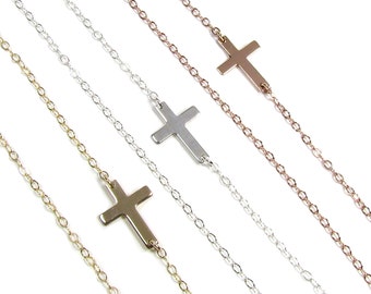 Tiny Horizontal Cross Necklace, Sterling silver, 14kt gold filled, or 14kt Rose Gold Filled