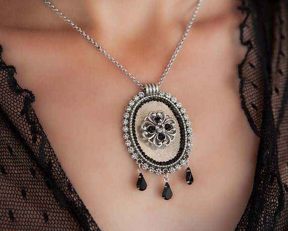 Black pendant necklace Black pendant Black necklace Black