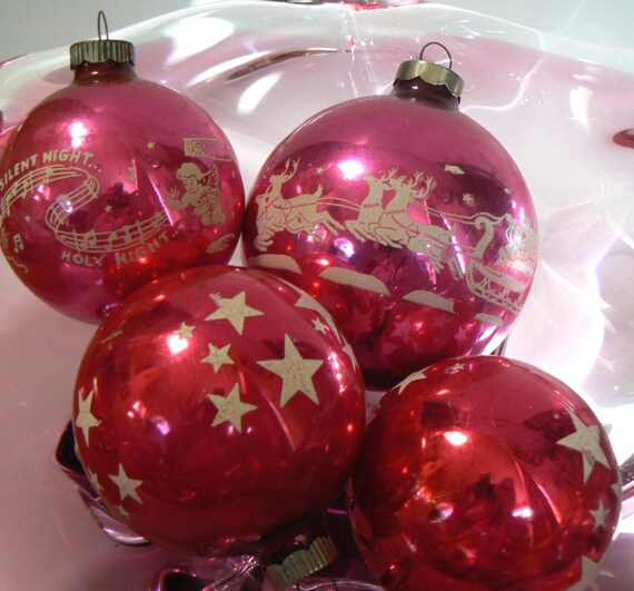 4 HOT PINK Shiny Brite Glass Christmas Ornaments by KrauseHaus