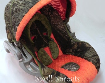 Floor Model Sale~Graco Snugride 30/35 click connect Mossy Oak Breakup/Orange and hunter Green Minky Dot Infant Car Seat Cover-Ready To Ship